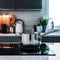 Focused shot highlights metallic pot on sleek stove in modern kitchen