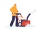 Focused Woman Efficiently Clears Snow From A Wintry Street Using A Powerful Snow Blower, Cartoon Vector Illustration