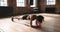 Focused young woman on the floor doing planks timing her progress on her cellphone.Athletic hispanic woman working on