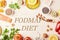 FODMAP diet with text in center. Healthy low ingredients - fruits,vegetables, greenery, nuts, beans, egg, flax seeds