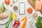 Fodmap, Mediterranean, Paleo diet concept with screen mobile mockup. Healthy low fodmap ingredients - vegetables, fruits