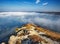 Fog in the canyon. Autumn morning in the Dniester river valley