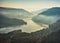 Fog in the canyon. Autumn morning in the Dniester river valley