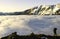 Fog and cloud snow mountain valley landscape. View of Aramo Mountain, Asturias, Spain