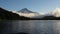 Fog and Clouds Over Trillium Lake with Mount Hood in Oregon One Early Morning at Sunrise Panning HD Video 1080p