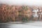 Fog on lake Kenigsee, Germany. Mist on lakeshore with forest reflection in water. Tranquil German landscape with haze.