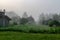 Fog landscape, simple wooden garden house, beautiful flowering garden in autumn morning mist