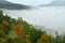 Fog lies over a valley in the Great Smoky Mountains.