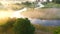 Fog morning over the plain and river floodplain of the meadow, aerial view landscape