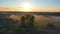 Fog morning over shadows from a group of trees the plain and river floodplain of the meadow near a rural village, aerial view land