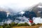 Fog in the mountains, scenic view from the Mount Mussa Achitara in Dombay ski resort in autumn season, Caucasus, Russia