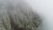 Fog on mountainside. Shot. Diagonal mountainside with trees in fog close up. Dense fog envelops entire space of slope
