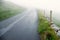 Fog over small country asphalt road. Selective focus, dangerous driving conditions concept