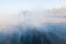 Fog winter landscape on the river Fabulous misty view of lake Frosty morning. Cold weather background concept. Abstract