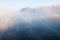 Fog winter landscape on the river Fabulous misty view of lake Frosty morning. Cold weather background concept. Abstract