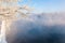 Fog winter landscape on the river Fabulous misty view of lake Frosty morning. Cold weather background concept. Abstract