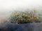 Foggy aerial view of shore forest with autumn foliage