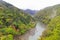 Foggy afternoon at Hozugawa River at Arashiyama park in Kyoto, J