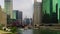 A foggy afternoon near the downtown Chicago River with busy boats, cars and trains. Time lapse.