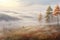 Foggy autumn landscape with pine trees.AI Generated