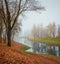Foggy autumn landscape in State Museum Reserve Gatchina. Foggy autumn view of the park, Karpin Pond and old stone bridge
