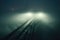 The foggy bridge with a street light on the side. The night bridge covered in the fog. Generative AI