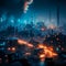 Foggy cityscape at night. Defocused urban scene. Generative AI
