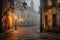 foggy cobblestone street with glowing streetlamp