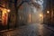 foggy cobblestone street with glowing streetlamp