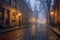 foggy cobblestone street with glowing streetlamps