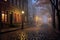 foggy cobblestone street with glowing streetlamps