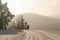 Foggy color winter scene of road with tracks and a memorial cross in a winter idyllic hilly landscape