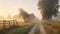 a foggy country road with a house in the distance on a foggy day in the country with a fence and a house in the foreground