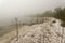 Foggy day on the lake Lake Michigan shoreline showing it covered with zebra mussel shells