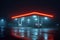 Foggy fueling station Gas and oil station illuminated in darkness