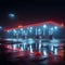 Foggy fueling station Gas and oil station illuminated in darkness
