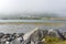 Foggy Gimsoystraumen Bridge on Lofoten Islands