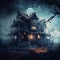 Foggy Halloween Night: Old Creepy Haunted House. Generative AI