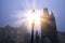 Foggy image of Prague Charles bridge and street lantern at night