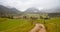 Foggy landscape panorama Rubi, with hiking way, tourist destination near Oberstdorf