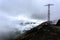 Foggy morning. Dangerous serpentine mount road on the mountain pass Abano. Georgia, Tusheti