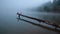 Foggy morning on the lake. Pier from tree trunk in water