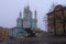 Foggy morning landscape view of ancient baroque Saint Andrew\\\'s Church in the Andriyivskyy Uzviz