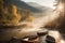 Foggy Morning Retreat: Canoe on Tranquil Creek and Majestic Mountains