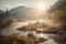 Foggy Morning Retreat: Canoe on Tranquil Creek and Majestic Mountains