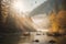 Foggy Morning Retreat: Canoe on Tranquil Creek and Majestic Mountains