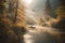 Foggy Morning Retreat: Canoe on Tranquil Creek and Majestic Mountains