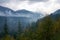 Foggy mountain landscape in the national park, Canada road trip in fall