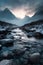 Foggy Mountains and Curved River Landscape Background AI Generative