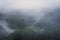 Foggy mountains and forest landscape during the atmospheric sunrise.